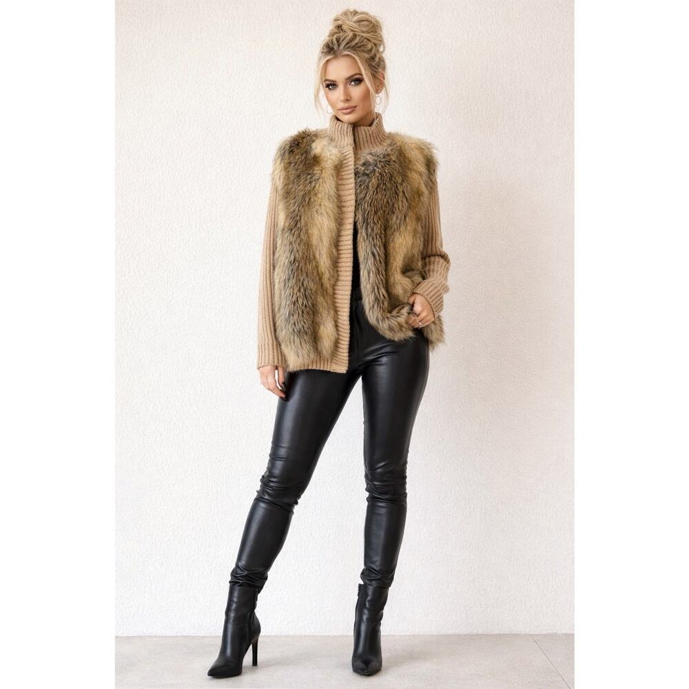 Michael Kors Faux Fur Front Ribbed Knit Tan Brown Cardigan Sweater Jacket 2X